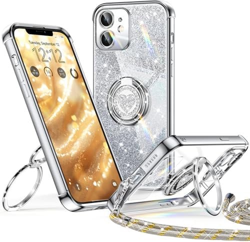 XYZ for iPhone 12 Case with Stand, Soft Cute Luxury Love Heart with Lanyard for Women Girls, Double Ring Bling Glitter Clear Protective Phone Cover Case for iPhone 12 - Silver