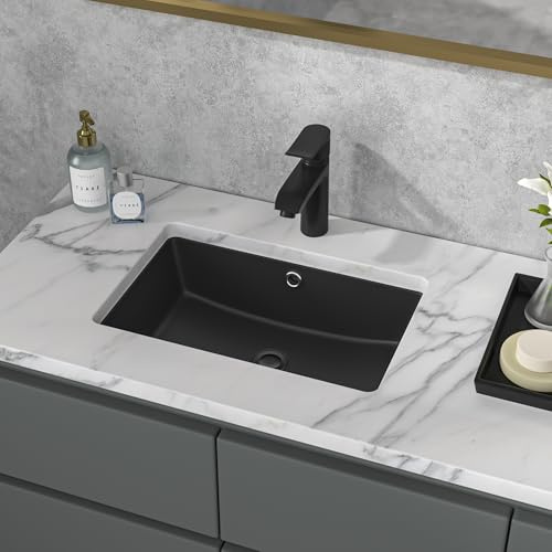 Sarlai Unterbau-Waschbecken – 45,7 x 30,5 cm, schwarzes Gefäß-Waschbecken, Unterbauspüle, rechteckig, modern, Keramik, rechteckig, mit Überlauf, Innenmaße 41,6 x 26,7 cm