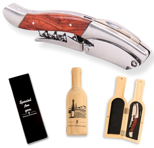 Semecca® Korkenzieher, Weinöffner, Kellner-Korkenzieher, zweistufig, der perfekte Weinöffner und Weinschlüssel, Weinflaschenförmige Holzbox, Geschenk für Weinliebhaber (Maunwood)