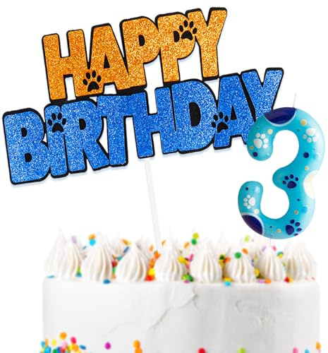 Paw Dog Thema Kuchen Deko mit Happy Birthday Tortendeko und Geburtstagskerzen Zahl 3 für 3.Geburtstag Mädchen Junge Kinder Geburtstagsfeier