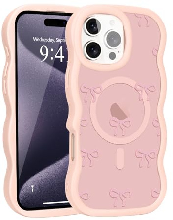 Teageo Magnetic Case for iPhone 14 Pro, Pink Frame, Classic bow | Compatible with MagSafe, Fashion Phone Case, Non-slip Bow Pattern, Cute for Women Girls, Wave Frame