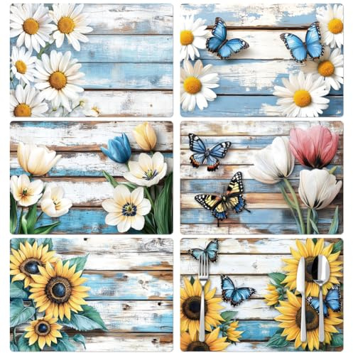 Peacoblue 6er Set Platzsets, Vintage Holz & Blumen für Esstisch | Abwaschbare Vinyl Tischsets 30x43cm, Hitzebeständige Kunststoff Unterlagen für Küche, Esstisch und Landhaus Dekoration