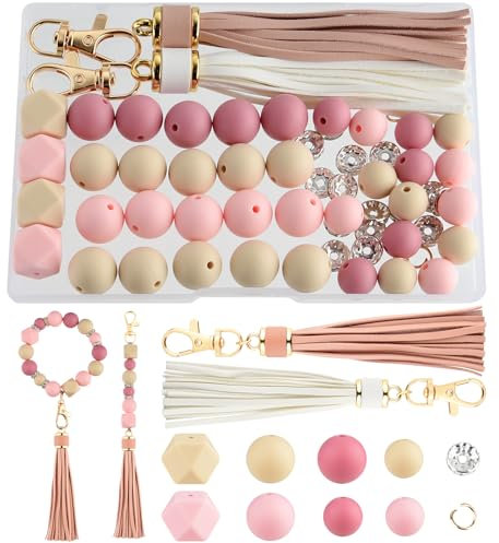 NEBURORA Perles en silicone pour kit de fabrication de porte-clés, perles crème, marron et rose avec pompons en cuir, perles rondes pour bracelets, loisirs créatifs, stylos à perles, décorations