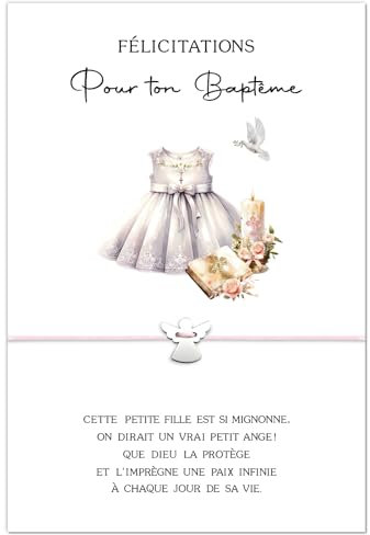Cadeau Baptême Bracelet Ange Gardien Fille Bracelet Réglable Porte-Bonheur avec Cordon Pendentif Ange et Carte de Vœux Félicitation pour Ton Baptême avec Enveloppe pour Baptême Communion Anniversaire