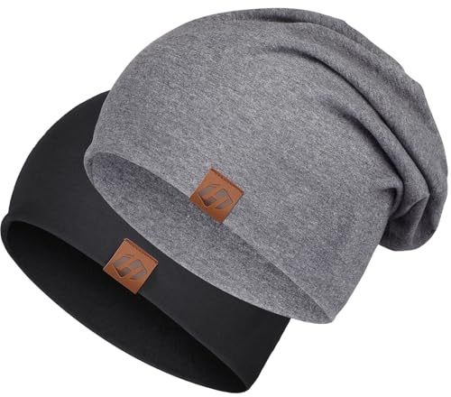 HASAGEI Mütze Damen Leicht Weich Unisex Slouch Beanie Elastisch Mütze Herren für alle Jahreszeiten (Schwarz + Grau)