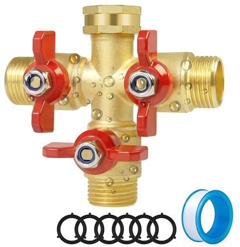 3-Wege-Schlauchverteiler mit vollem Durchfluss, massives Messing, Gartenschlauch-Verteilerventil mit Metallgriff, robuster Wasserhahn-Verteiler mit Absperrventil, 3/4 Zoll Gartenhahn-Verteiler