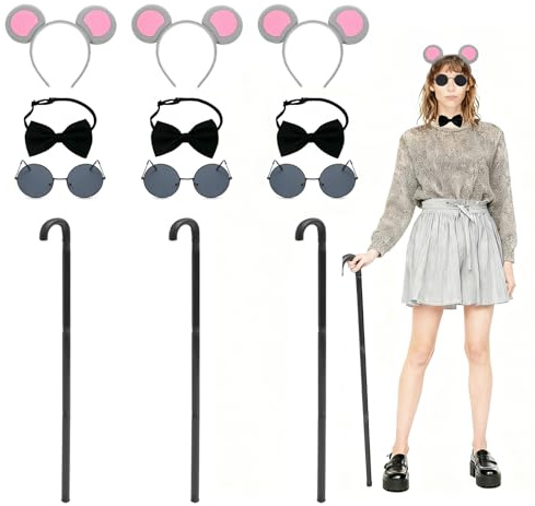 Mprocen Lot de 12 accessoires de costume de souris aveugle comprenant un chapeau, un nœud papillon, des lunettes de soleil et un bâton d'accessoires amusants pour Halloween - Convient pour trois
