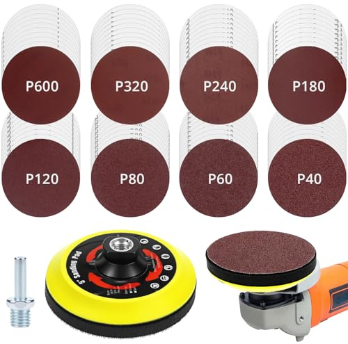 QWORK® 80 Piezas lija de amoladora angular, 125mm 40/60/80/120/180/240/320/600 grano papel de lija con varilla y disco de pulido, para madera, metal y pintura