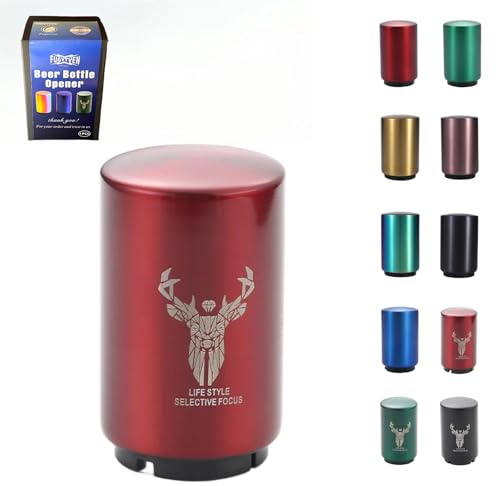 FUGYTVEN Push Down Bottle Opener | Automatic 304 Steel | One-Handed & No Damage | Beer/Soda Cap Remover & Magnet Catcher | Ultimate Gift for Men, Dad, Beer Lovers (Red Deer)