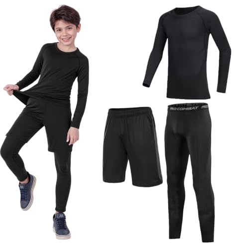 Fiohiros Boys Kids Base Layer,Pro Fleece-Lined Kid Thermal Long Sleeve Top Leggings Set,Athletic Thermal Underwear Football Compression Set for Sport Ski