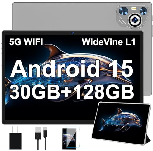 Dghrti Tablet Android 15, Schermo IPS HD 10 Pollici, 30 GB RAM e 128 GB + Estensione 1TB TF, Octo-Core e 8000mAh, WiFi 6, Widevine L1-5+8 MP, Telaio in Metallo, Tablet touch con Custodia- Grigio