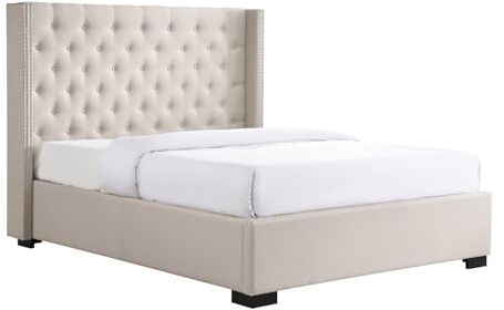 Vente-unique-Polsterbett mit gestepptem Kopfteil - 200 x 200 cm - Stoff - Beige - Massimo
