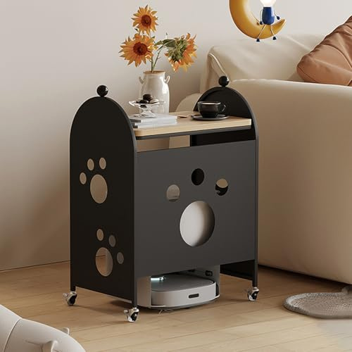 Armoire de Rangement pour Aspirateur Robot, Meuble De Rangement Caché,Table d'Appoint en Bois, Table d'appoint à roulettes avec porte-revues, pour Salon, Chambre, Cuisine Black 58.8x36.5x81.5cm