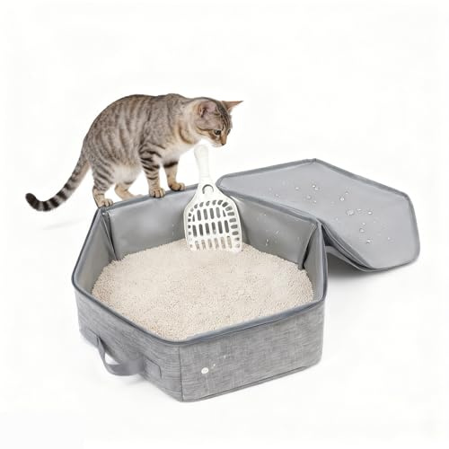 Faltbar Katzentoilette Mit Deckel, Tragbar Katzenklo Mit Sieb, Cat Litter Box Mit Sieb Und ReißVerschluss, Wasserdicht, Geeignet Für Reisen, Camping Und Den Gebrauch Zu Hause, 44 * 34 * 13cm(Grau)