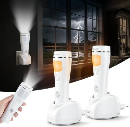 4-in-1 LED Wiederaufladbare Steckdosen-Taschenlampen, 2er-Pack LED Notlichter für Stromausfall im Haushalt, Steckdosen-Notfallleuchte, Stromausfall-Lampe mit Bewegungssensor
