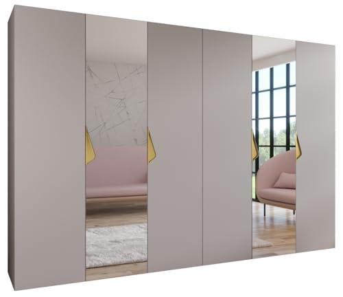 MEBLE KRYSPOL - Kleiderschrank - Garderobenschrank - 300 cm x 202 x 52 cm - Schrank mit Kleiderstange und Spiegel, 6 Türen - für Schlafzimmer, Flur - SANDI, Kaschmir, Griff Gold