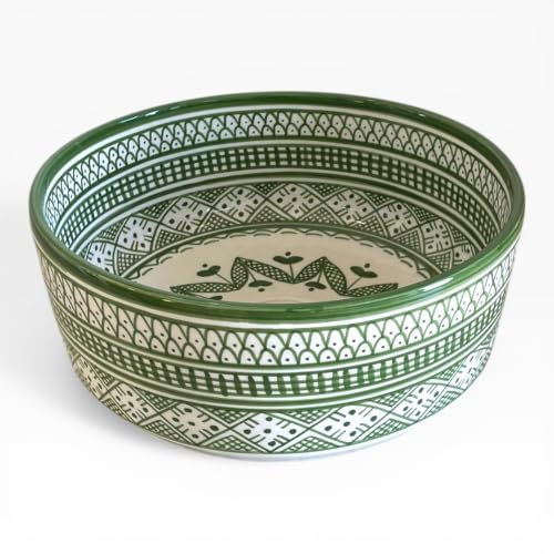 Lavabo da Appoggio in Ceramica Artigianale di Fès 31 cm, Decorato e Dipinto a Mano, Bianco e Verde, Lavandino Rotondo per Bagno, Foro Scarico Ø 4,3 cm