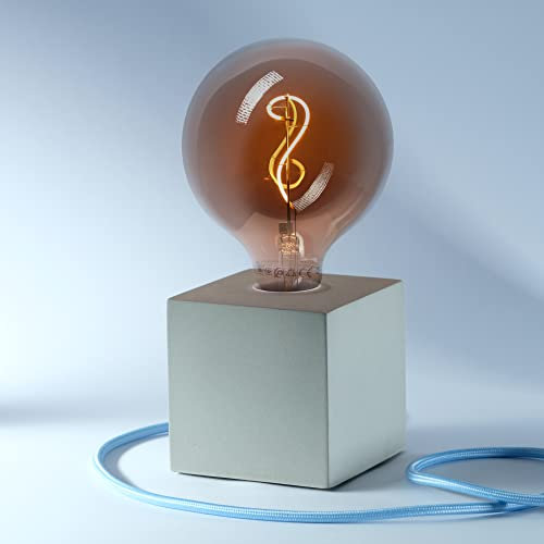 Cube-Lampe aus Beton, Textilkabel „Hellblau“ (19 Farben wählbar), 10x10x10 cm, 2.5kg, E27 Fassung, Kabellänge 2.0m, Kipp-Schalter und Stecker, ohne Leuchtmittel (Beton-Lampe, Tisch-Leuchte)