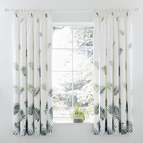 HLS Bedding Modern Charlotte Thomas Fern Pencil Pleat Lined Readymade Curtain Pair, White/Green - 66 x 72