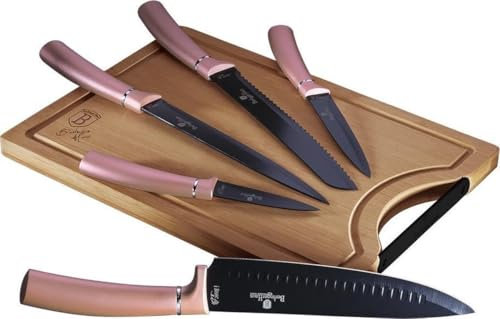 Berlinger Haus I-Rose Juego 5 Cuchillos Cocina Profesional Tabla Cortar Bambú, Hoja Acero Inoxidable Recubrimiento Antiadherente, Cocinero, Cebollero, Pan, Rebanador, Pelar, Diseño Elegante (BH-2554)