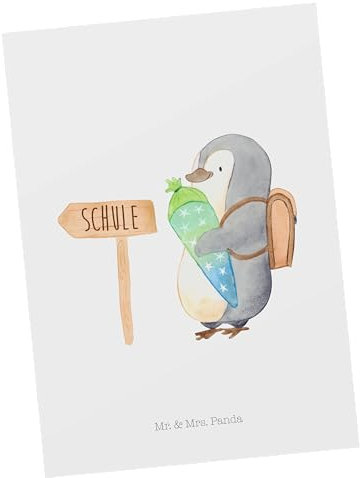 Mr. & Mrs. Panda Postkarte Pinguin Schultüte - Geschenk, Einladung Geburtstag, 1. Klasse, Einschulung, Einladungskarten Geburtstag, Ansichtskarte,