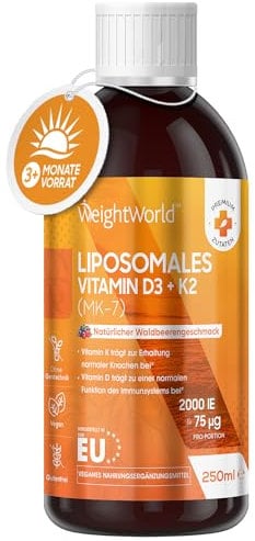 Vitamina D3 K2 Vegana in Gocce, 250ml, Vitamina D3 Liposomiale 2000 UI, Vit K2 (MK-7) 75µg, 50 Dosi, Aroma ai Frutti di Bosco, Colecalciferolo, Menachinone, Privo di Magnesio Stearato, Senza Glutine