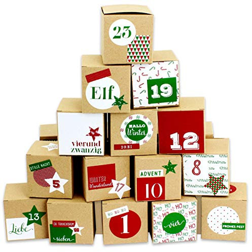 Papierdrachen DIY Adventskalender zum Befüllen - 24 Kisten zum Basteln - Motiv Rot-grün - 24 naturbraune Schachteln aus 400g/m²-Karton zum Aufstellen und Dekorieren - 24 Boxen - Weihnachten