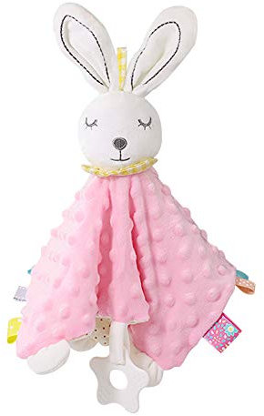 Inchant Doudou Plat Lapin Couverture Doudou pour bébés Couverture avec des étiquettes Apaiser Serviette Doudou Jouet, Doux Jouet Adorable pour Enfant (Rose)