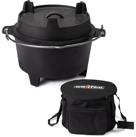 Grillfürst Dutch Oven ca. 9 Liter - stabil stehender Feuertopf durch speziell entwickelte T-Füße, hitzebeständiger Gusseisen Topf, Deckel als Pfanne nutzbar, DO 9 inkl. Aufbewahrungstasche