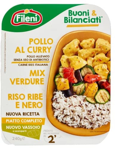 Fileni - Pollo al Curry con Mix Verdure, Riso Ribe e Nero 240 g - Buoni & Bilanciati - Piatto Pronto e Gustoso - Pollo 100% Italiano Allevato Senza Uso di Antibiotici - Vassoio a Scomparti