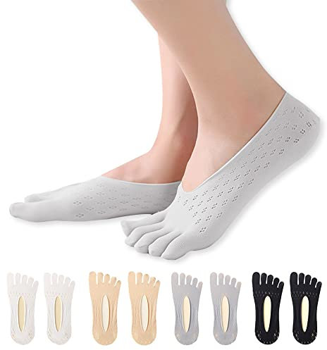 Feliciay 4 Paires D'Orteils Chaussettes Pour Femmes - 5 Doigts Non Exposés, Antidérapantes, Coque Basse, Doublure Invisible, Orteils Séparés (4 Couleurs)