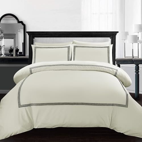 AR Ware Single Duvet Cover Set - Soft Luxury Bratta Stitch Embroidered Microfiber Duvet Sets with 2 Pillowcases - Non Iron Bedding Hotel Quality Quilt Cover (Cream/Black)