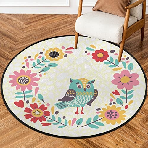 Teppich mit Eulen und Blumen, 91,4 cm, rund, maschinenwaschbar, Farbe, Eule, rutschfest, weiche Bodenmatte für Wohnzimmer, Sofa, Kinderzimmer, Kinderzimmer, Dekoration