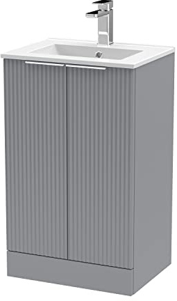 Hudson Reed DFF223B Fluted Modern Bathroom Floor Standing 2 Door Vanity Basin Unit with Minimalist Ceramic Basin, 500mm, Satin Grey