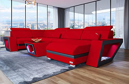 Sofa Wohnlandschaft Catania - mit LED Beleuchtung, verstellbare Kopfstützen, Ottomane/Mikrofaser/Ausrichtung wählbar (Ottomane rechts, Schwarz-Rot)