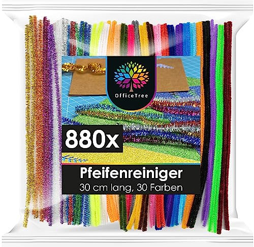 OfficeTree 880 Pfeifenputzer Bunt zum Basteln - 30 Farben inklusive Glitzerdraht - Chenilledraht 30cm - Pfeifenreiniger Bunt zum Basteln - Pipe Cleaner für DIY Projekte