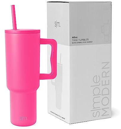 Simple Modern Thermobecher mit Strohhalm und Griff | Isolierter Edelstahl-Trinkbecher Eiskaffee-Reisebecher | Geschenke für Frauen und Männer | Trek | 1180ml | Raspberry Vibes