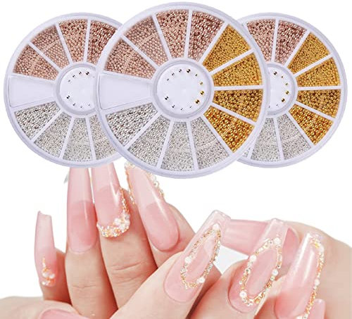 Nail Caviar Beads,3 Boxes Mixed Steel Ball Nail Beads 3D Nail Art Decorations,Nail Art Accessories for Nail Decoration,Gold Silver Rose Gold