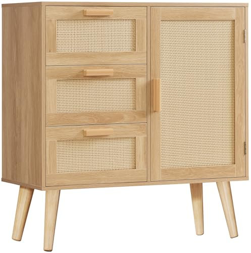 Iwell Aufbewahrungsschrank mit Rattantür & 3 Schubladen, Rattanschrank mit verstellbarer Ablage, Akzentschrank für Wohnzimmer, Eingangsbereich, Natur
