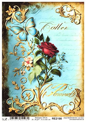 Josys Bastelmärchen Reispapier A4 Strohseide Vintage Gold Patina Blumen Schmetterling Shabby RE2198