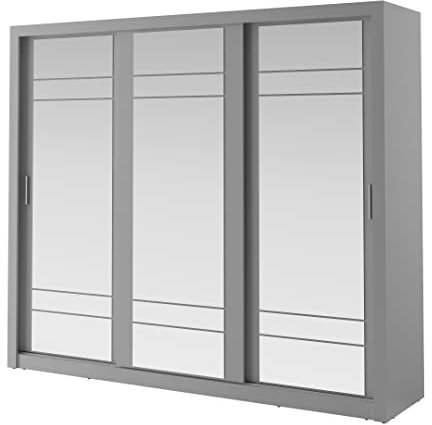 MINIO go for it Arti - Armoire Trois Portes avec 3 Miroir, Largeur 250 cm, Coulisse pour Porte coulissante en Aluminium, Penderie en Panneau stratifié - Gris