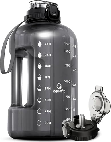 AQUAFIT 2 Litre Water Bottle with Straw - Water Bottles 2L with Time Marker - Half Gallon Big Bottle with Straw - Large Bottle For Gym - Grey, 2-in-1 Lid