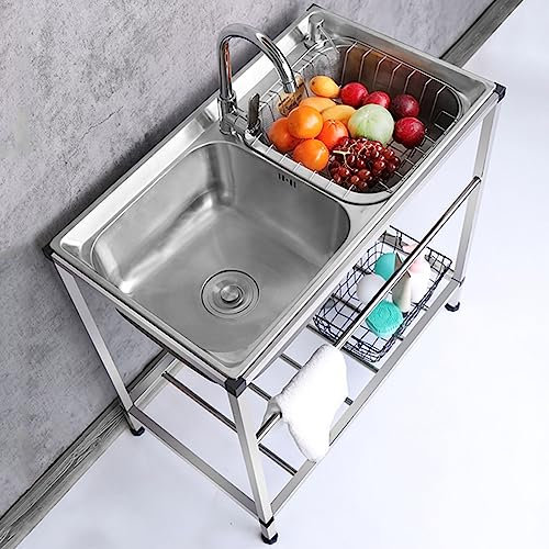 Fregadero de bar de 2 compartimentos de acero inoxidable para hostelería con colador, soporte reforzado para restaurante, cocina, hotel, bar, garaje
