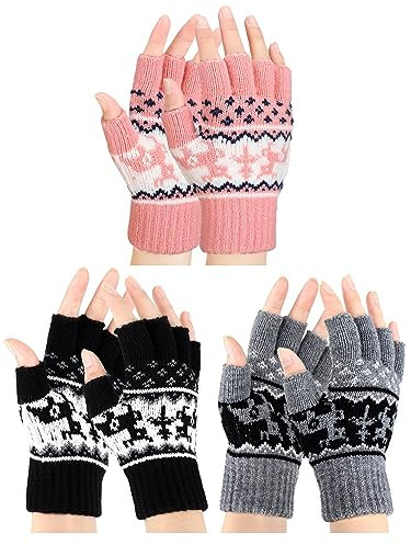 Bencailor 3 Paar Winter Halbfinger Handschuhe für Herren Touchscreen Gestrickte Fingerlose Handschuhe Warme Dehnbare Strick Halbfinger Fäustlinge für Unisex Erwachsene (Schwarz, Grau, Rosa)