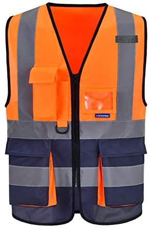AYKRM Gilet haute visibilité avec fermeture éclair sur le devant et poches pour téléphone et carte d'identité 21 couleurs, Orange et bleu marine, M