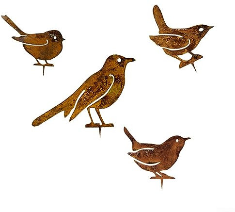PETSTIBLE 4 Stück rostige Vögel-Dekoration, lebensechte Edelrost-Metall-Vögel, Gartenornamente, rostige Vogelornamente mit Schrauben, Vintage-Gartendekorationen, Metall-Vogelornamente