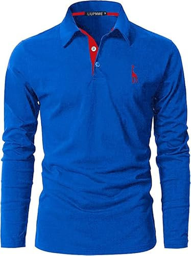 LIUPMWE Mens Polo Long Sleeve Shirt Cotton Golf Giraffe Tennis T-Shirt Tops,Blue-0902,L