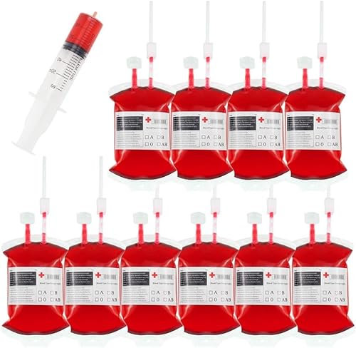Zempertoopa Bolsa de Sangre para Bebidas, 10 Pcs Bolsas de Sangre para Vasos para Beber de Halloween, Tazas de Fiesta de Halloween, Recipiente de Bebida, contenedor de Bebidas con Clips de jeringa