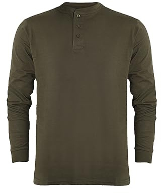 Men's Long Sleeve Single Jersey Henley T-Shirt with Grandad Collar (2334) (2XL, Olive)
