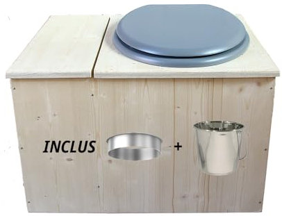 Toilette sèche avec bac à copeaux de bois intégré, Livré monté avec abattant gris, seau inox et bavette de protection inox - Fabrication artisanale Française - N17